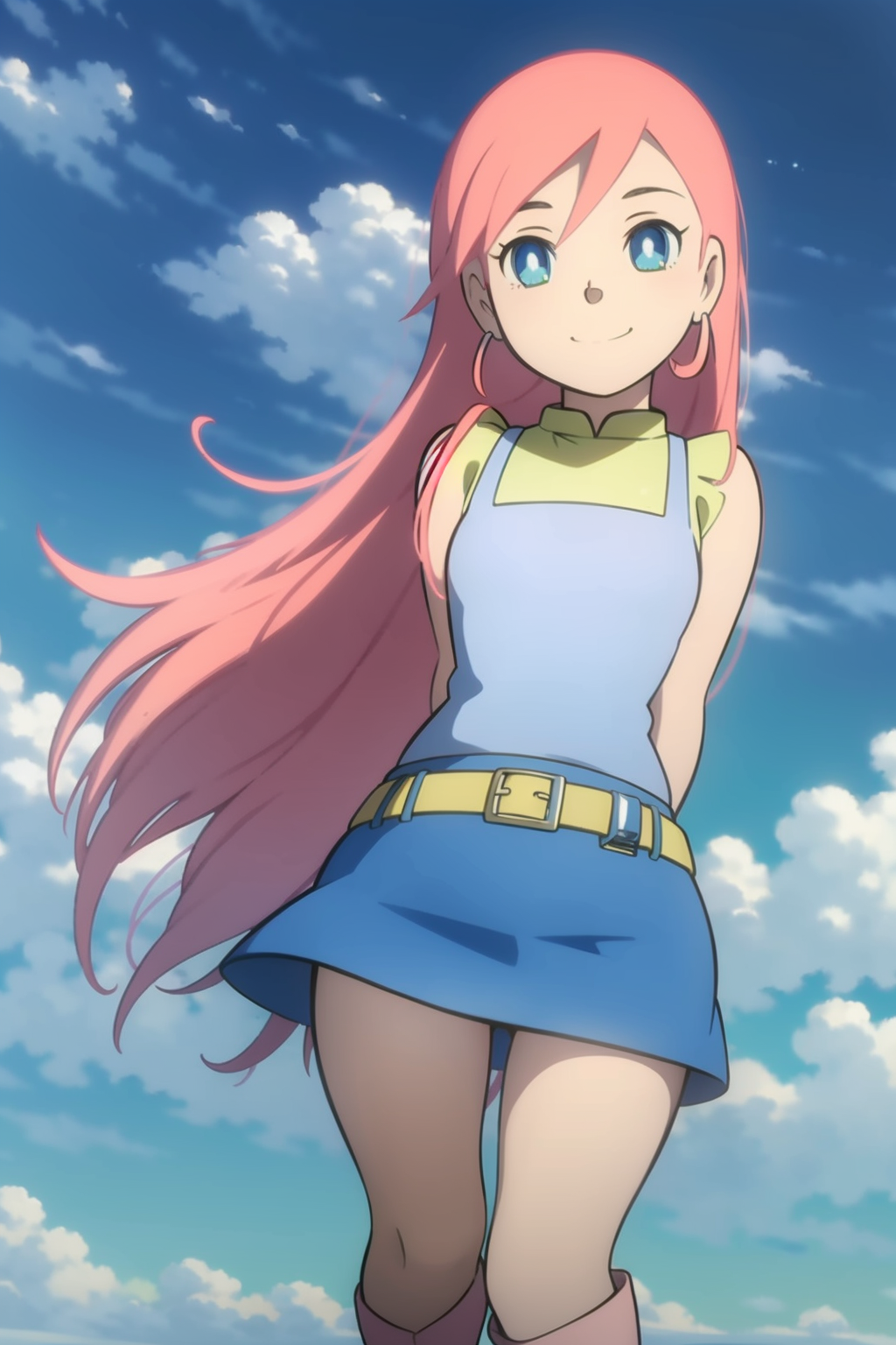 09011-3931858865-Lilulu, 1girl, solo, cloud, skirt, day, sky, pink hair, boots, long hair, blue eyes, miniskirt, smile, looking at viewer, arms b.png